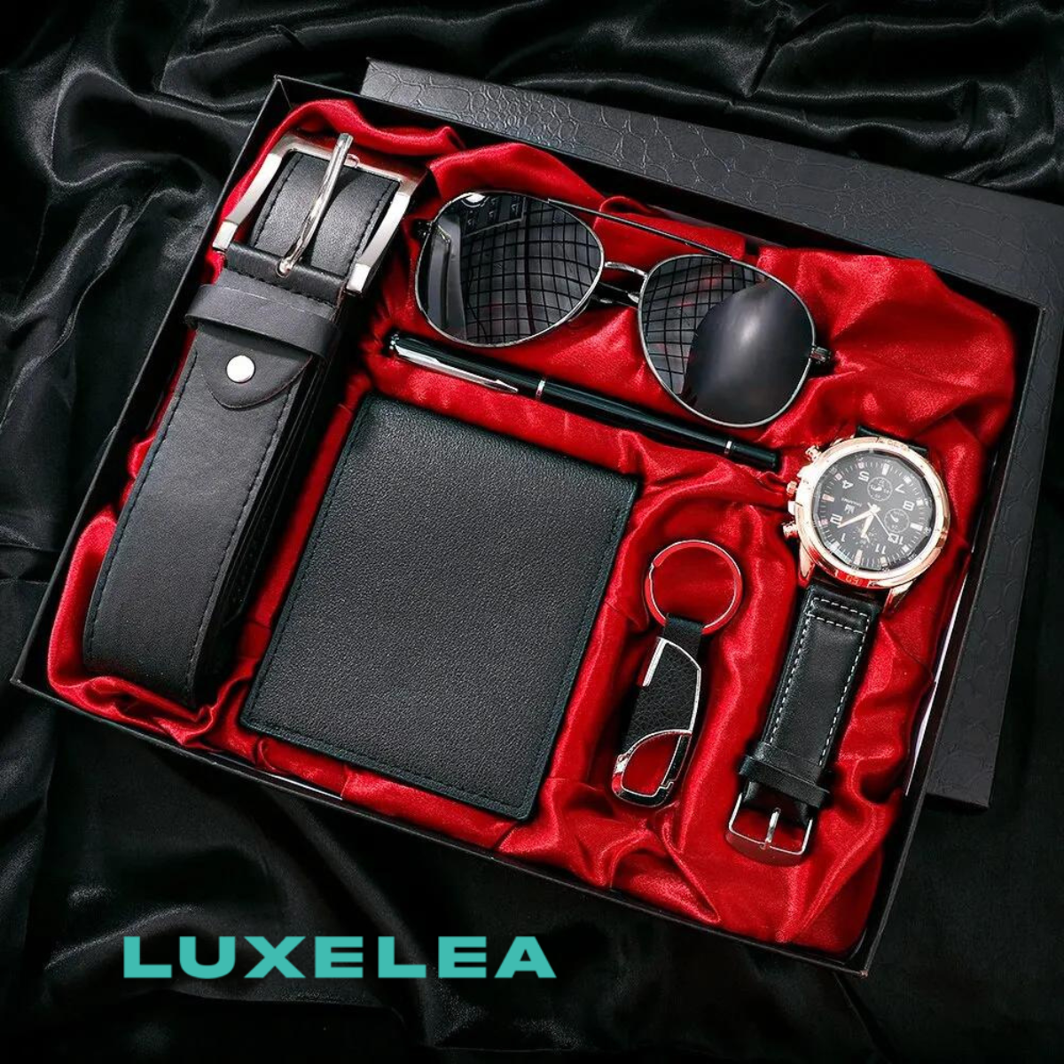 Fantastic Mens Gift Set, 6 in 1, Watch, Glasses, Wallet,Pen, Keychain, Belt,