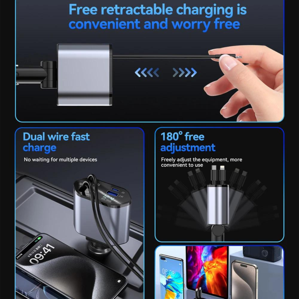 4 IN 1 USB Retractable Fast Car Charger For Your iPhone